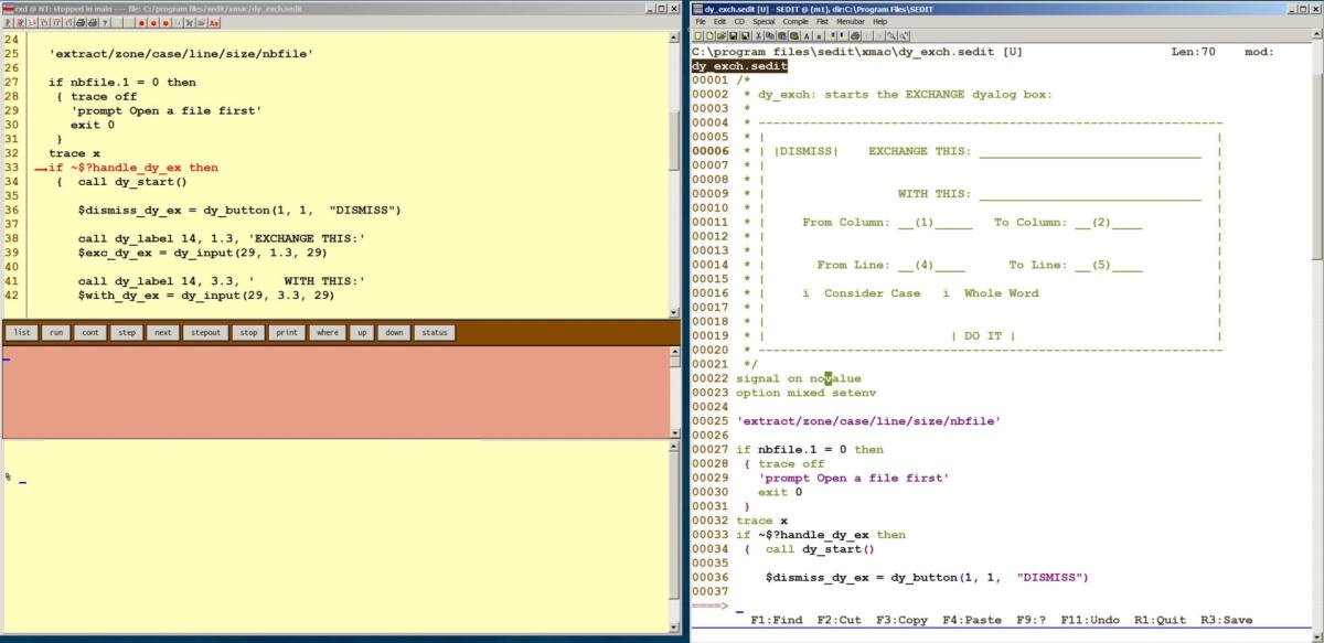 S/REXX Debugger stopped at a breakpoint in an SEDIT macro, beside the SEDIT editor showing the same macro